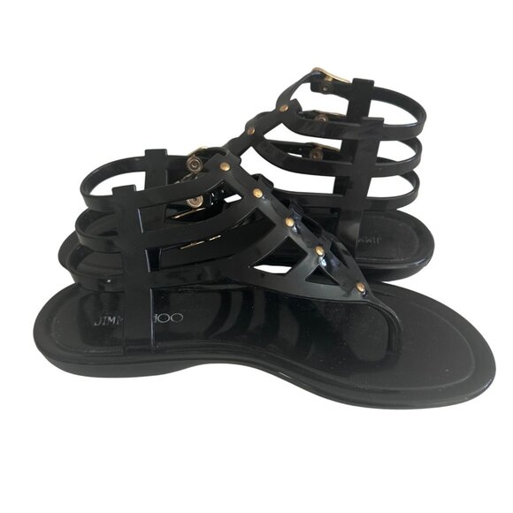 JIMMY CHOO Margot Black Gold Gladiator  Jelly Sandals size 37 / US 7 - Picture 10 of 11